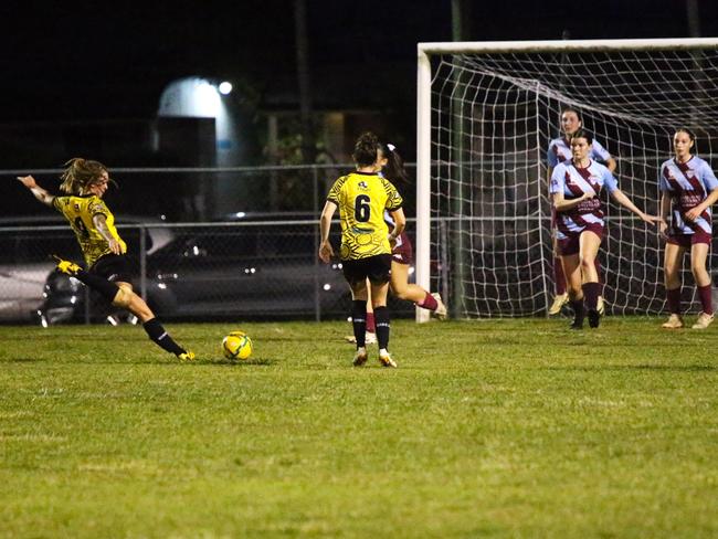 Pictured: Siobhan Macken strikes for goal. Edge Hill United womens v Redlynch Strikers womens at Endeavour Park. FQ Far North 2024. Photo: Gyan-Reece Rocha