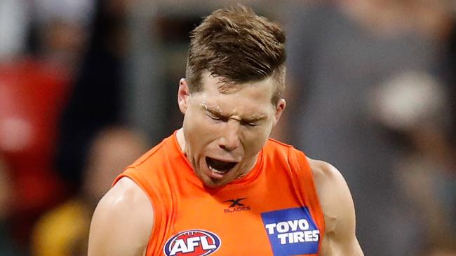 SYDNEY, AUSTRALIA - SEPTEMBER 16: Toby Greene of the Giants celebrates a goal during the 2017 AFL First Semi Final match between the GWS Giants and the West Coast Eagles at Spotless Stadium on September 16, 2017 in Sydney, Australia. (Photo by Michael Willson/AFL Media/Getty Images)