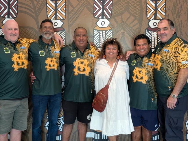 St Mary's legends Allan Corrie, Dennis Dunn, Marty Christensen, Michael Athanasiou and Cyril Rioli from the 1994-95 NTFL premiership winning season with current president Carol Stanislaus.