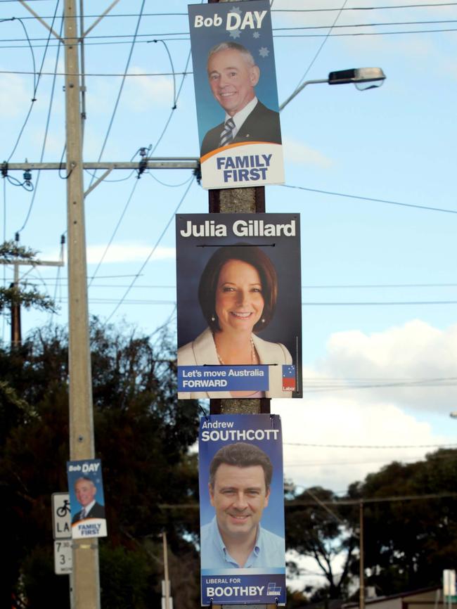 Campaign posters in the Boothby electorate during the 2010 federal election.