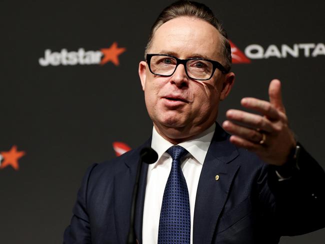 Alan Joyce, chief executive officer of Qantas Airways Ltd., speaks during a news conference in Sydney, Australia, on Thursday, Feb. 23, 2023. Qantas shares fell the most in almost eight months as the airline flagged higher-than-expected spending on planes in an an immediate attempt to cope with the rapid rebound in passenger growth. Photographer: Brendon Thorne/Bloomberg via Getty Images