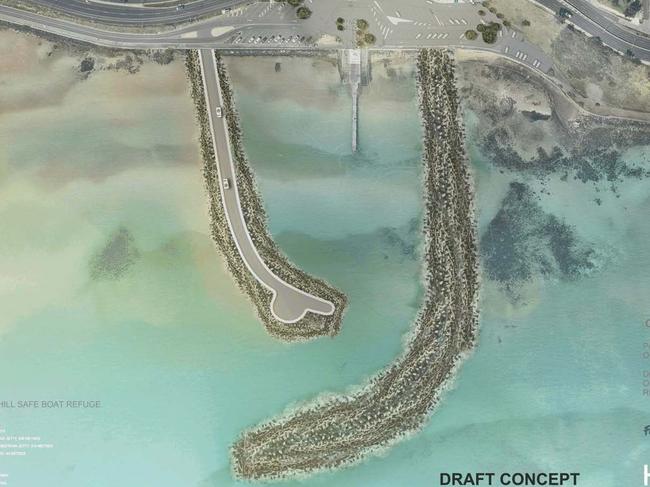 Frankston Council's draft concept plans for a safe boat harbour, featuring a rock wall, at the base of Olivers Hill.