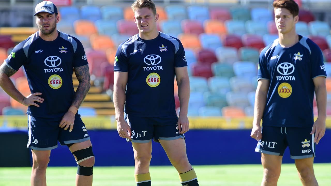 Cowboys training at 1300 Smiles Stadium. Kyle Feldt, Coen Hess and Kalyn Ponga. April 2017. Picture: Evan Morgan