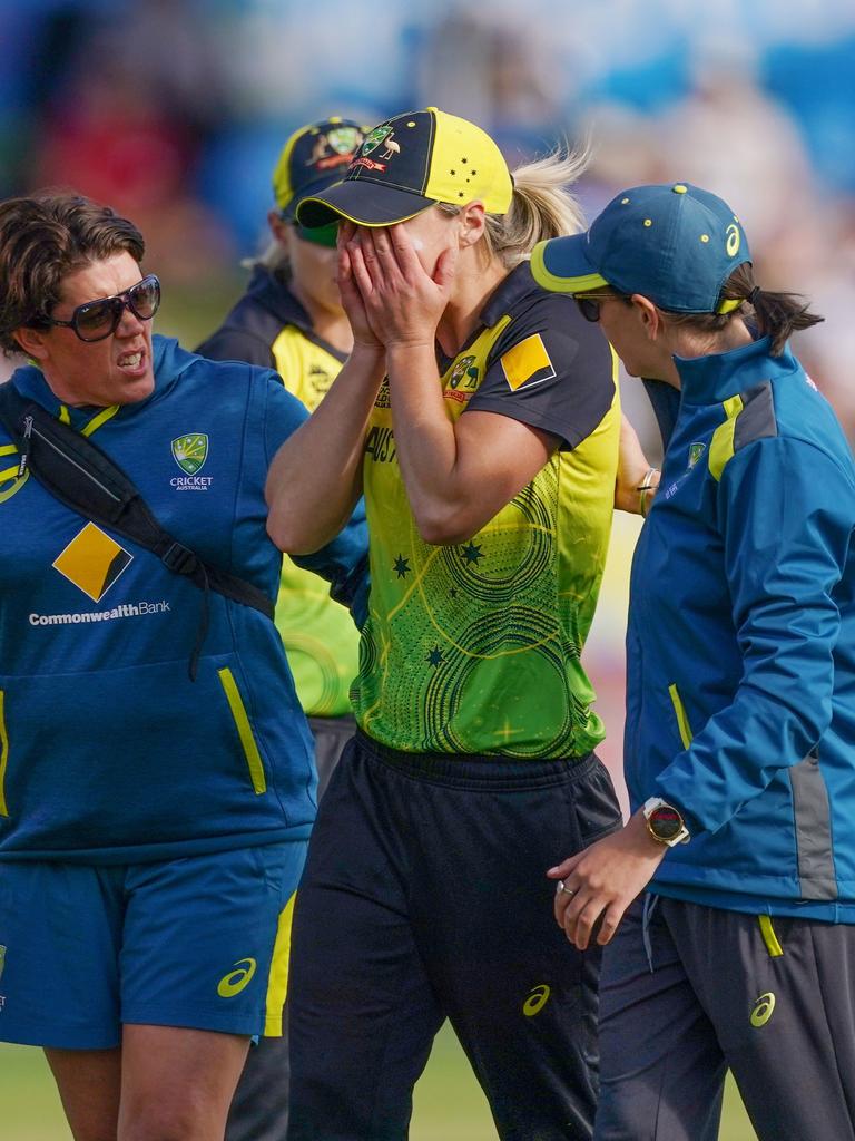 Perry leaves the field injured during the Women's T20 World Cup. Picture: AAP Image/Scott Barbour