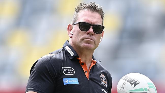 TOWNSVILLE, AUSTRALIA - SEPTEMBER 07: Tigers coach Brett Kimmorley looks on before the start of the round seven NRLW match between North Queensland Cowboys and Wests Tigers at Queensland Country Bank Stadium on September 07, 2024 in Townsville, Australia. (Photo by Ian Hitchcock/Getty Images)