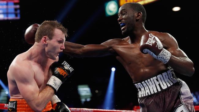 Jeff Horn goes down to Terence Crawford at MGM Grand Garden Arena in Las Vegas. Picture: Steve Marcus/Getty Images/AFP