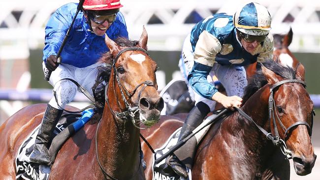 Hugh Bowman (right) finished a close second on Marmelo in the Melbourne Cup. Picture: Getty Images