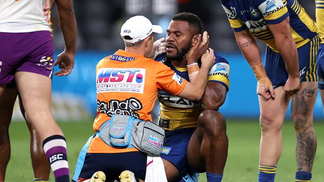 Parramatta winger Maika Sivo was twice accused of staying down for a penalty against the Storm. Picture: Phil Hillyard