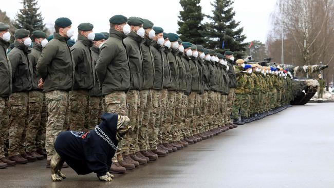 British troops of NATO’s Enhanced Forward Presence battle group parade in Rukla, Lithuania, on Thursday. Picture: AFP