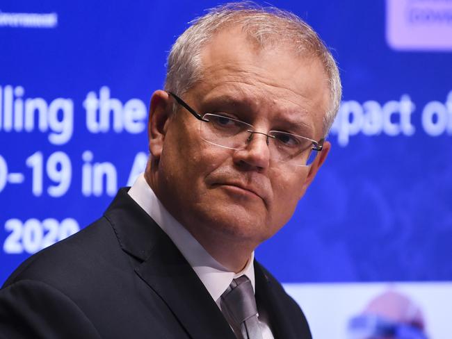 Australian Prime Minister Scott Morrison speaks to the media during a press conference at Parliament House in Canberra, Thursday, April 16, 2020. (AAP Image/Lukas Coch) NO ARCHIVING