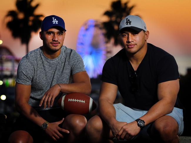 Jason Taumalolo and Valentine Holmes enjoy the Santa Monica sunset ahead of their Los Angeles NFL testing camp. Pic Nathan Edwards