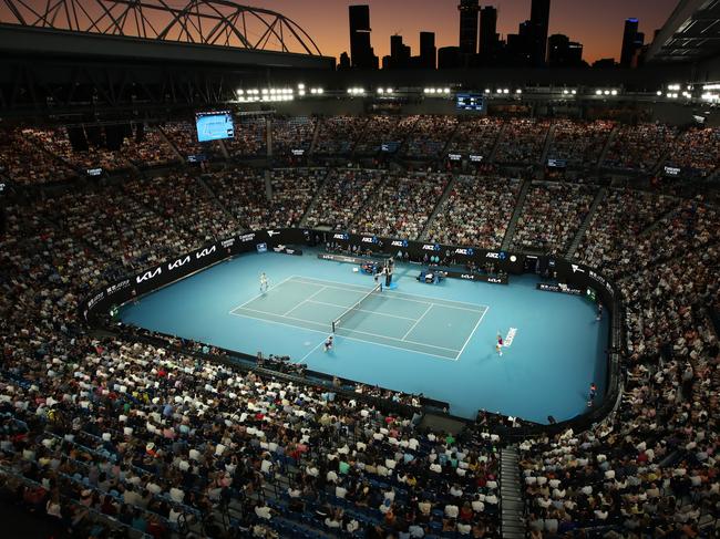 Rafael Nadal of Spain and Daniil Medvedev of Russia compete during the men's singles final match at Australian Open in Melbourne Park, in Melbourne, Australia, on Jan. 30, 2022. (Photo by Bai Xuefei/Xinhua via Getty Images)