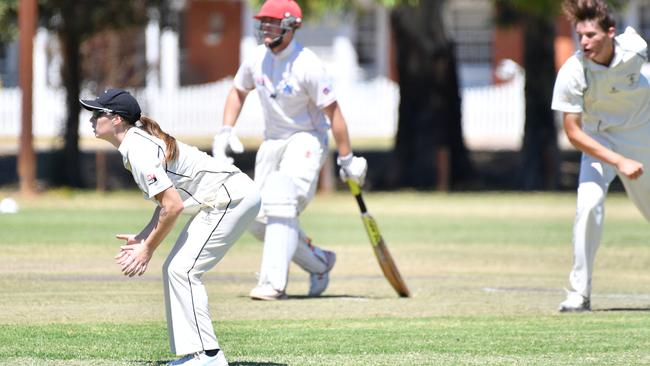 Amanda-Jade Wellington in the field against Southern District’s men’s D grade. Picture: AAP/Keryn Stevens