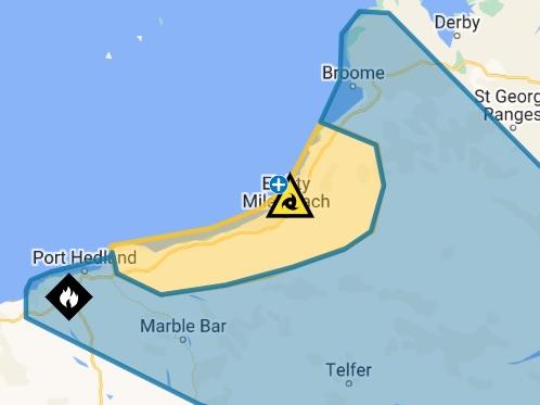 DFES issued the yellow alert at 3.51pm Wednesday covering an area from Bidyadanga to De Grey, while the blue alert area has been extended inland to Great Gibson Desert North.