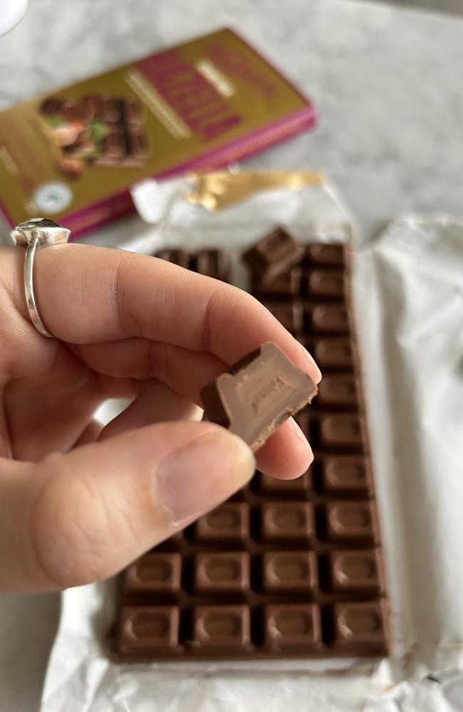 The $8 bar contains a hazelnut gianduja centre. Picture: RebekahScanlan/news.com.au