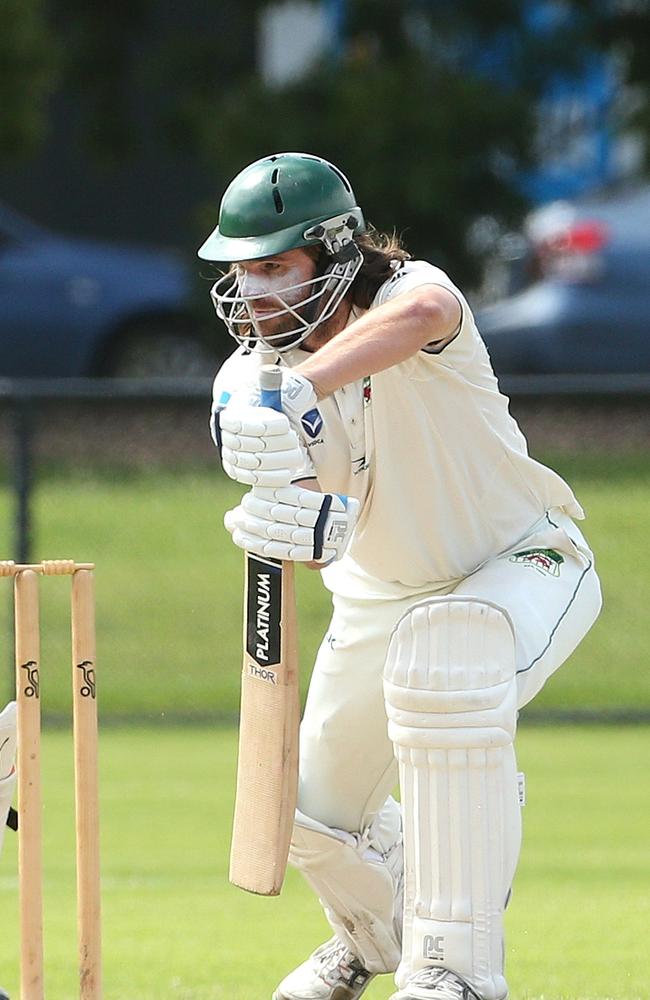 Caulfield skipper Jacob Thorne defends. He made 20 off 86 balls.