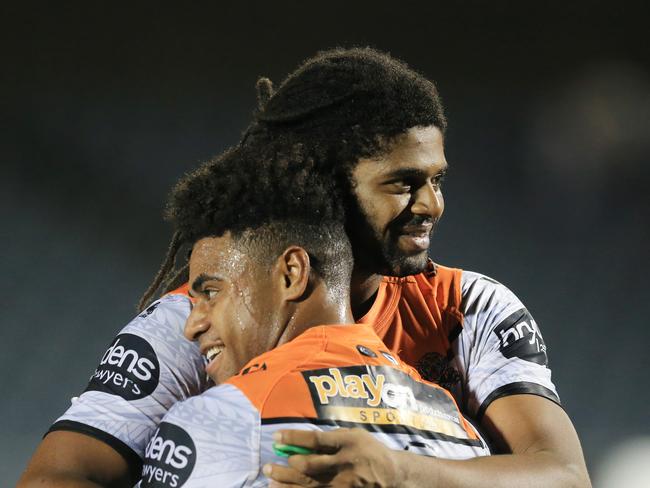 Kevin Naiqama and Jamal Idris hug after the trial game against the North Queensland Cowboys. Picture: Mark Evans