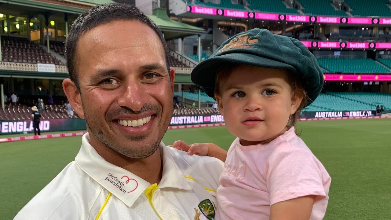 Cricketer Usman Khawaja with daughter Aisha, 18 months, at the SCG Ashes Test in January. Photo: Supplied/Rachel Khawaja