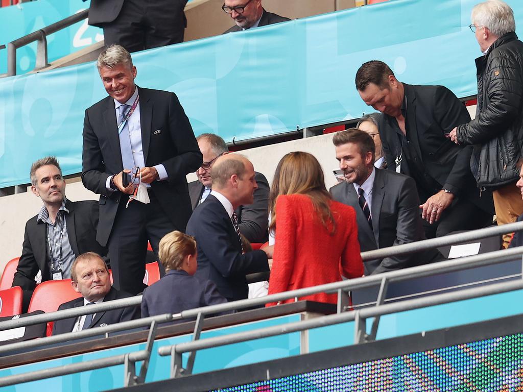 Former England International, David Beckham speaks with Prince William, at Wembley Stadium. Picture: Getty