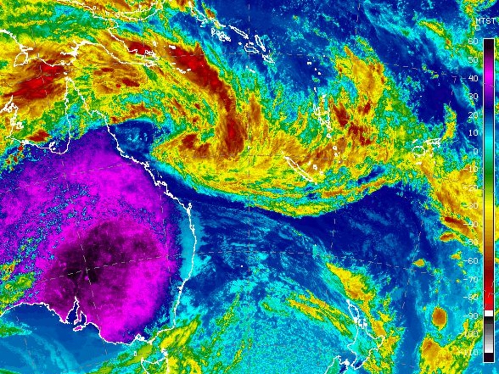 Bureau of Meteorology satellite map showing the low pressure system which was expected to form into Tropical Cyclone Kirrily on Tuesday evening.