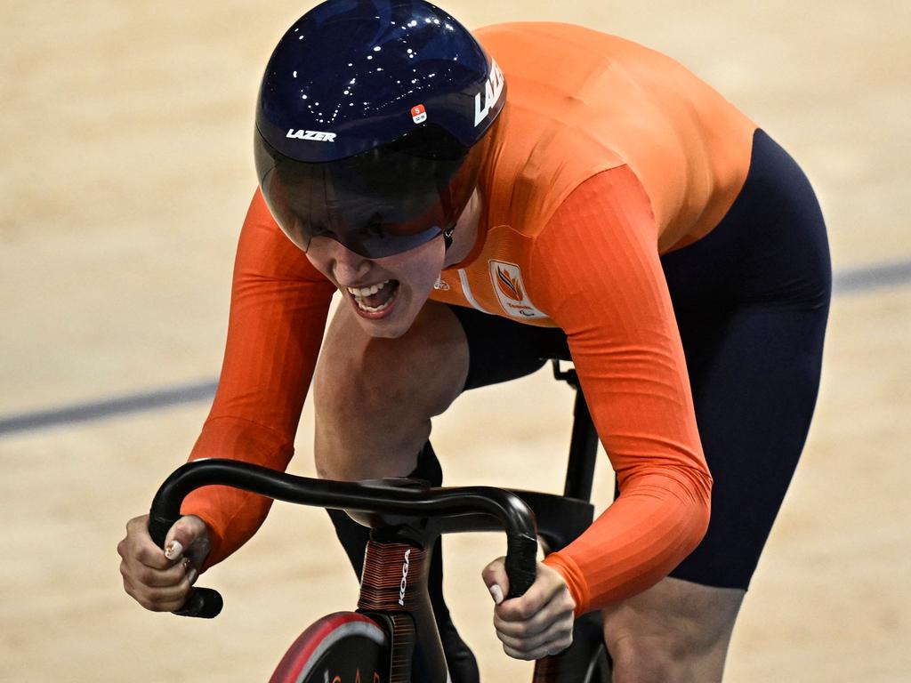 Gold medallist Netherland's Caroline Groot reacts at the end of the women's C4-5 500m cycling time trial track event at the Saint-Quentin-en-Yvelines National Velodrome in Montigny-le-Bretonneux, southwest of Paris. Picture: Julien De Rosa/ AFP