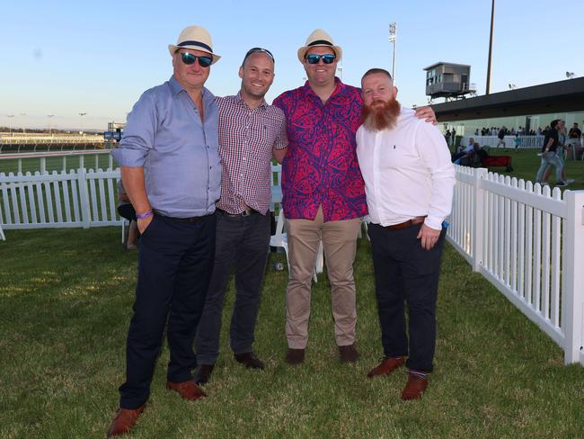 MELBOURNE, AUSTRALIA - MARCH 15 2024 Peiter Hardy, Matt Robbins, Lachie Bott, and Dwight Hogan attend the 2024 Pakenham Cup Picture: Brendan Beckett