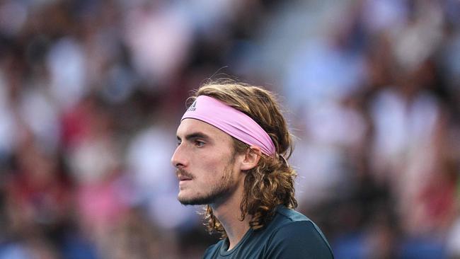 Stefanos Tsitsipas reacts after a point in his men's singles semi-final match against Spain's Rafael Nadal. Picture: Saeed Khan/AFP