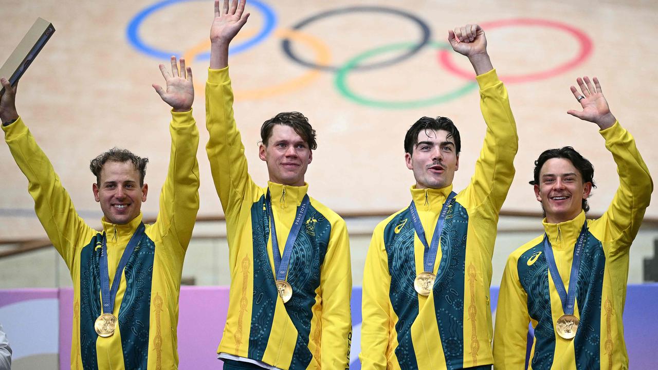 From left, Sam Welsford, Kelland O'Brien, Conor Leahy and Oliver Bleddyn claimed gold at the men's track cycling team pursuit event at the Saint-Quentin-en-Yvelines National Velodrome in Montigny-le-Bretonneux, southwest of Paris, on Day 12. Picture: Sebastien Bozon/AFP