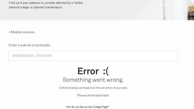 The Telstra outage page has not been helpful to customers. Picture: Telstra/supplied