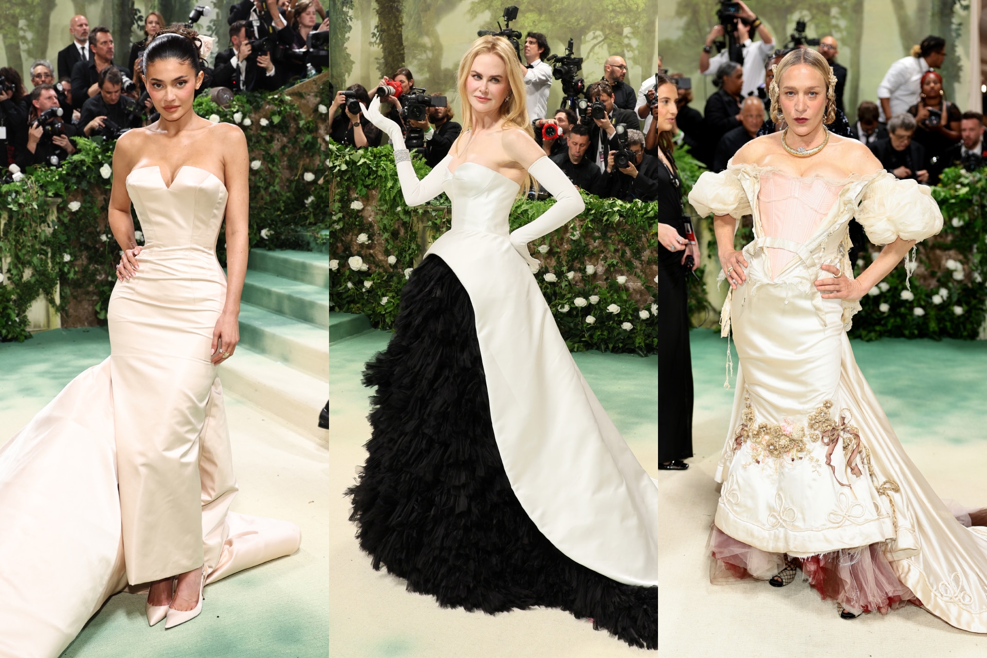 <p><i>Above (L-R): Kylie Jenner in Oscar de la Renta, Nicole Kidman in Balenciaga, Chlo&euml; Sevigny in Dilara F&#305;nd&#305;ko&#287;lu</i></p><h2><b>Old-school silhouettes</b></h2><p>&ldquo;The Garden of Time&rdquo; and the &ldquo;Sleeping Beauties&rdquo; concept prompted many guests to look to history for inspiration&mdash;some, further back in the annals of style than others. Nicole Kidman asked Balenciaga&rsquo;s Demna to recreate a flamenco-inspired black-and-white gown from the house&rsquo;s archives; she told reporters that she&rsquo;d first seen the look in a 1950s portrait shot by Richard Avedon. The attitude of the &rsquo;50s was also plain to see in Kylie Jenner&rsquo;s Oscar de la Renta gown, from the conical bra to the cinched waist and train. Chlo&euml; Sevigny, on the other hand, planted herself firmly in Victorian England. Her Dilara F&#305;nd&#305;ko&#287;lu dress repurposed Victorian fabrics, and her hair was styled in the manner of Victorian mourning braids.&nbsp;</p>