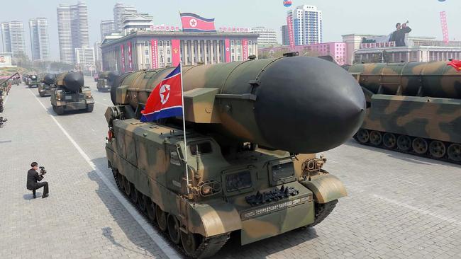 Ballistic missiles being displayed through Kim Il-Sung square during a military parade on Saturday in Pyongyang marking the 105th anniversary of the birth of late North Korean leader Kim Il-Sung. Picture: AFP/KCNA VIA KNS/STR/South Korea OUT/REPUBLIC OF KOREA OUT