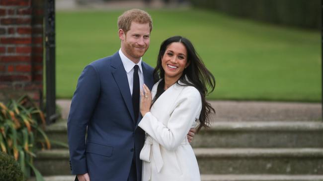 Harry and Meghan Markle at Kensington Palace 2017 after the announcement of their engagement. Picture: AFP