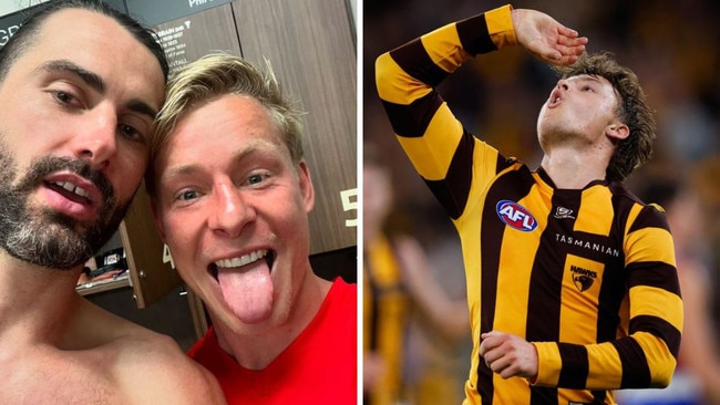 Brodie Grundy and Isaac Heeney post-game, plus Jack Ginnivan’s goal celebration. Photos: Instagram/Getty Images