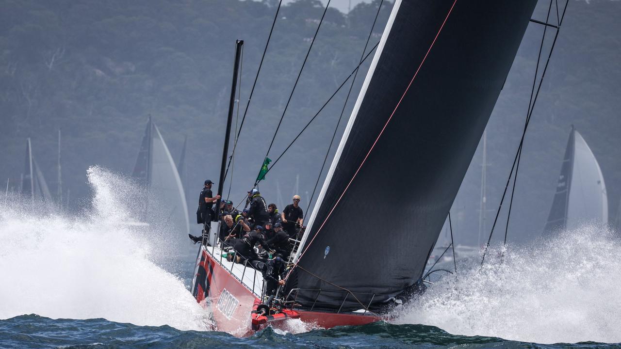 Yacht Andoo Comanche competes during the the start of the annual Sydney to Hobart yacht race on Boxing Day at Sydney Harbour on December 26, 2023. (Photo by DAVID GRAY / AFP)