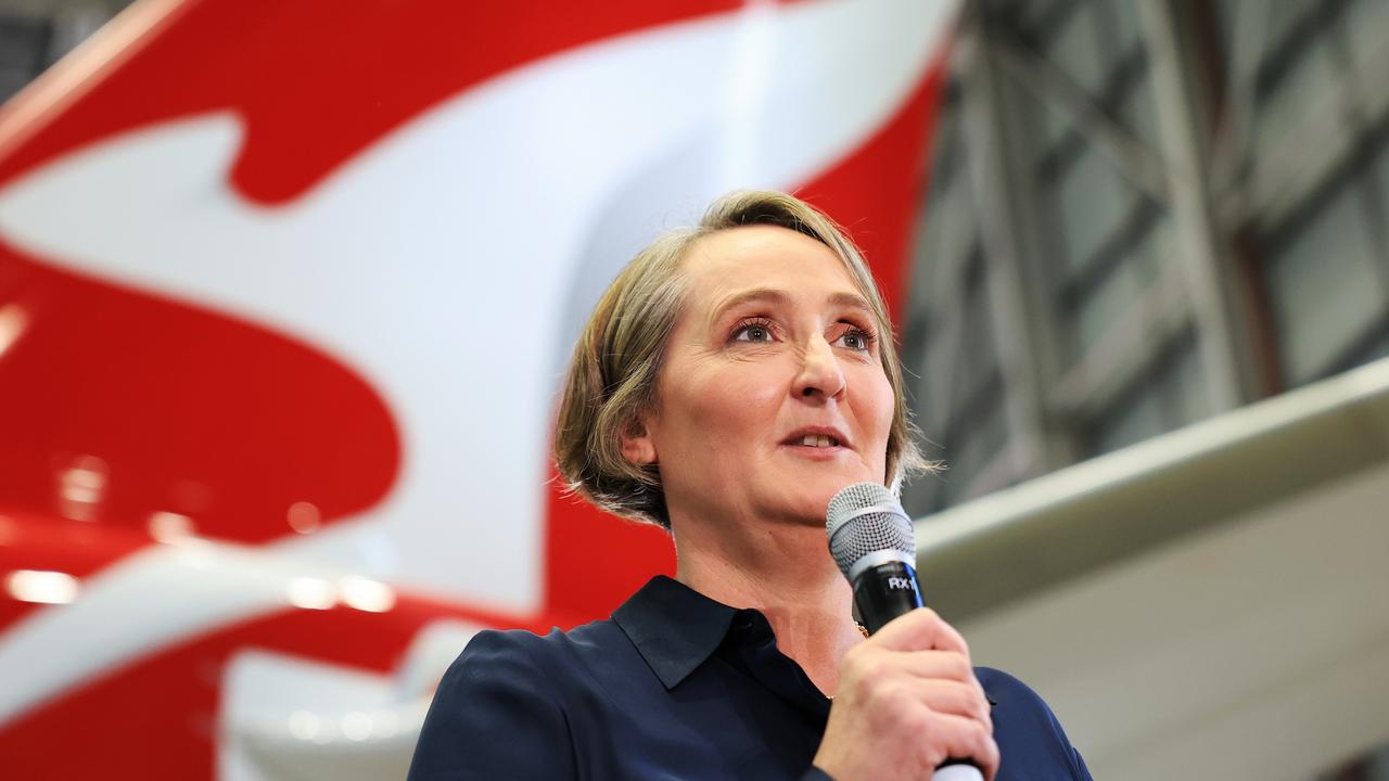 New Qantas chief executive Vanessa Hudson speaking from a hangar as the airline posted a headline profit of $869m. Picture: Getty Images