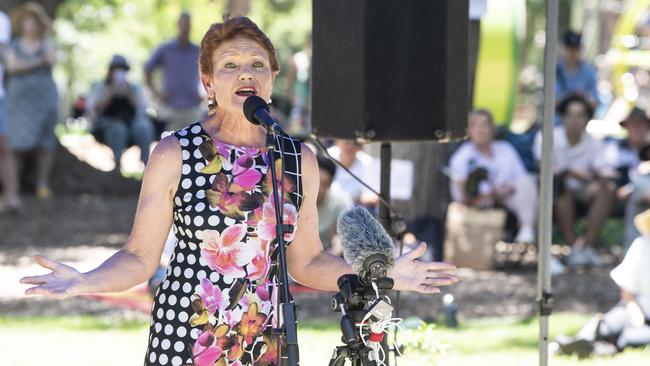 Senator Pauline Hanson speaks at the pro-choice community barbecue in Queens Park. Wednesday, December 22, 2021. Picture: Nev Madsen.