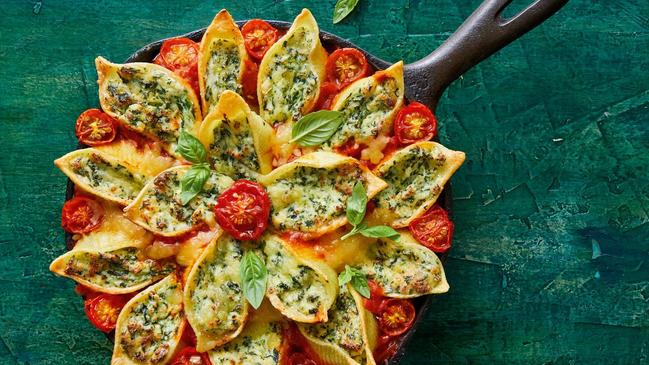 A frypan pasta bake with spinach and ricotta.