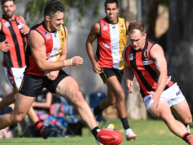 1/5/21. Adelaide Footy League division one match between Goodwood Saints and Rostrevor Old Collegians at Goodwood Oval. #19 (G) Anthony Skara & #12 R - Dylan ReinbrechtPicture: Keryn Stevens