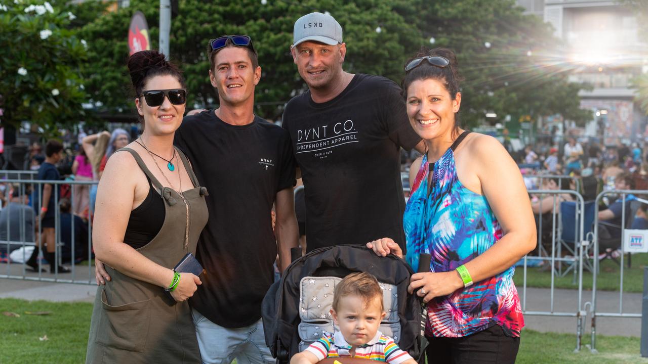 Jamie Arnold, Chris Brljevic, Mark Johnson, Henry Johnson and Kelsey Arnold at Darwin Waterfront on New Year’s Eve 2020. Picture: Che Chorley