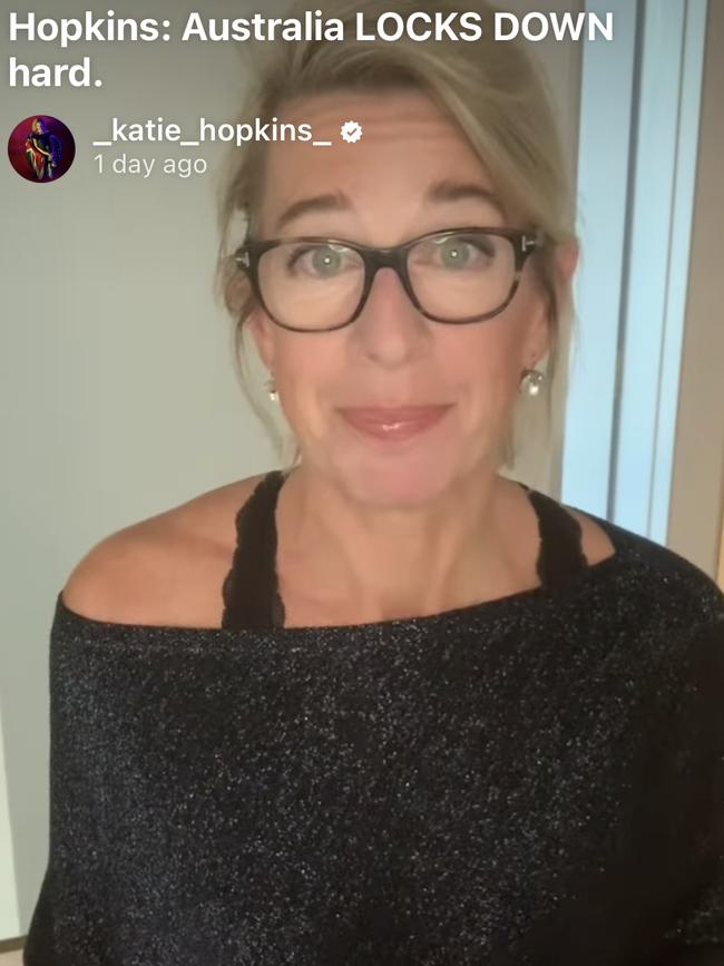 UK celebrity Katie Hopkins on Instagram Live during her mandatory quarantine.