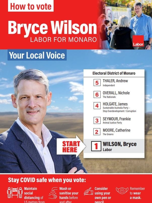 Bryce Wilson’s campaign material instructs voters to give their fifth preference to anti-vaxxer Andrew Thaler.