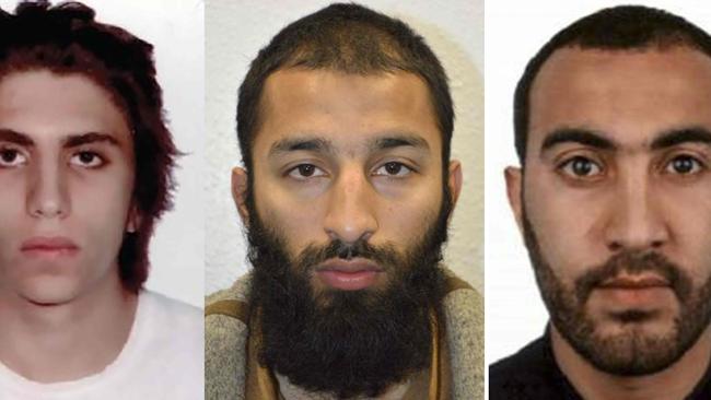 Left to right: Youssef Zaghba, Khuram Shazad Butt and Rachid Redouane. Picture: AFP / METROPOLITAN POLICE