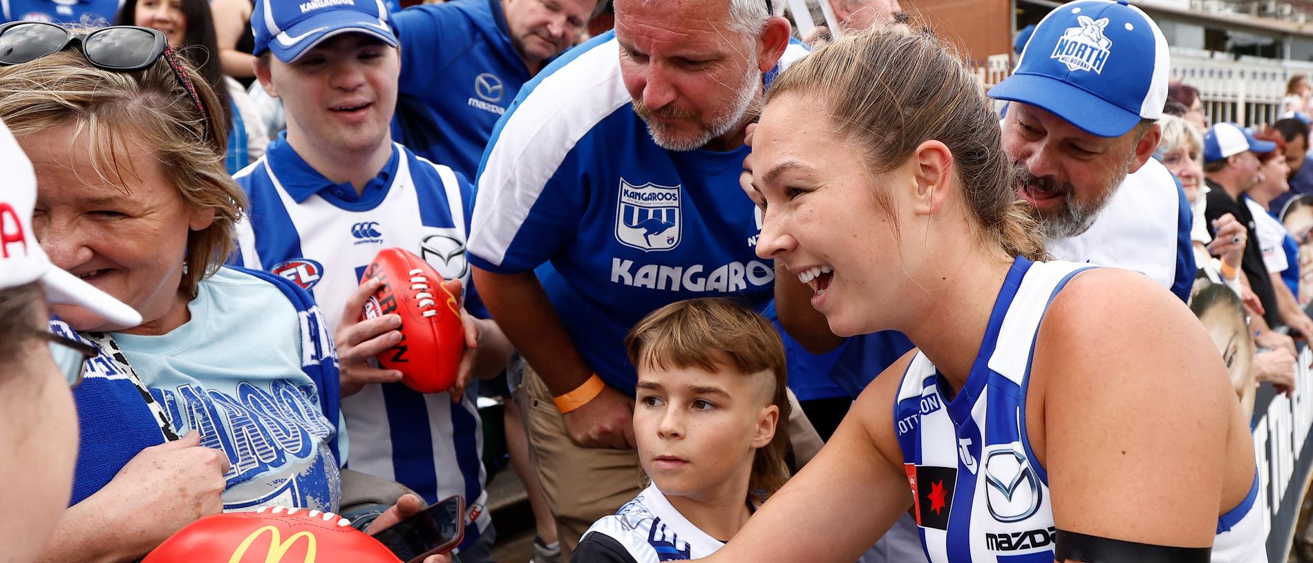 MELBOURNE, AUSTRALIA - NOVEMBER 26: Niamh Martin of the Kangaroos celebrates during the 2023 AFLW Second Preliminary Final match between The North Melbourne Tasmanian Kangaroos and The Adelaide Crows at IKON Park on November 26, 2023 in Melbourne, Australia. (Photo by Michael Willson/AFL Photos via Getty Images)