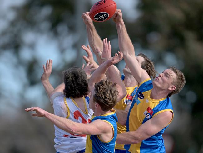 De La SalleÃs Joseph Lloyd, right during the VAFA De La Salle v Beaumaris football match in Malvern East, Saturday, Aug. 5, 2023. Picture: Andy Brownbill