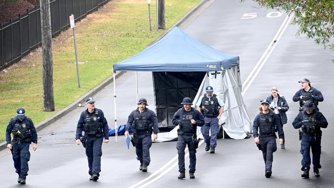 Police established a crime scene in North Parramatta after a burnt out car was discovered with a body inside. Picture: Jeremy Piper