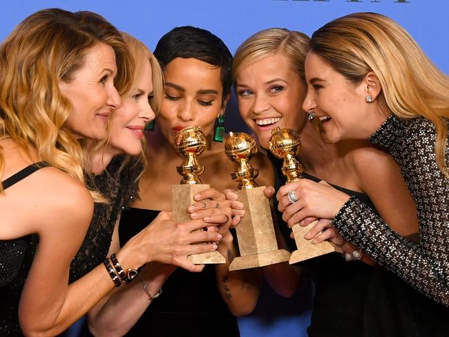 Laura Dern, Nicole Kidman, Zoe Kravitz, Reese Witherspoon and Shailene Woodley with their Golden Globes for Big Little Lies. Picture: Getty Images