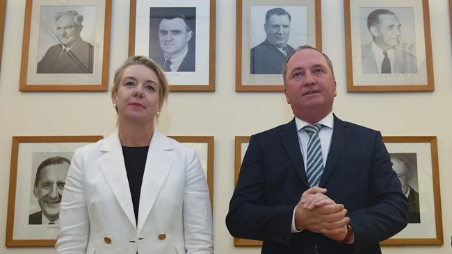 National Party leader Barnaby Joyce (right) congratulates newly elected deputy leader of the Nationals Bridget McKenzie. Picture: AAP