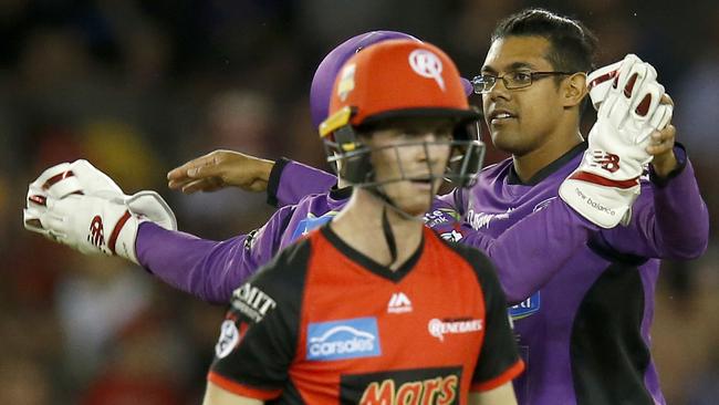 Clive Rose of the Hobart Hurricanes celebrates the wicket of Sam Harper 