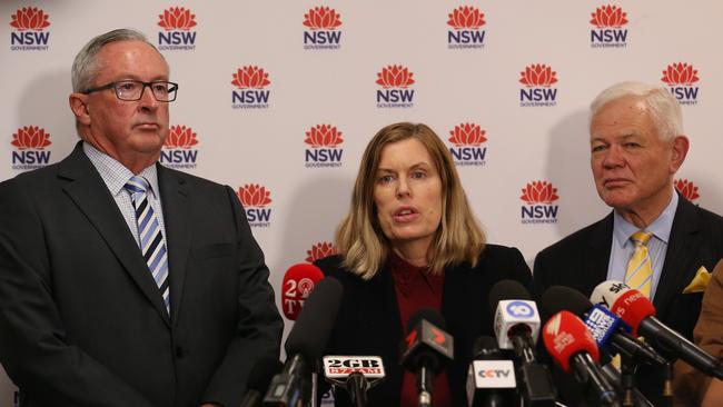 Wednesday’s press conference at the NSW Ministry of Health in St Leonards with Mr Hazzard, chief medical officer Kerry Chant and BaptistCare chief Ross Low. Picture: Britta Campion