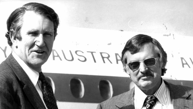 Then prime minister Malcolm Fraser with his legendary press secretary David Barnett in 1976 at Sydney’s Mascot Airport. Picture: W Russell